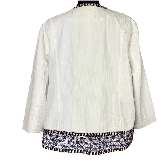 CHICOS Size 3 16/18 Cotton White Beads Sequins Embroidered Open Quilt Jacket - Picture 6 of 11